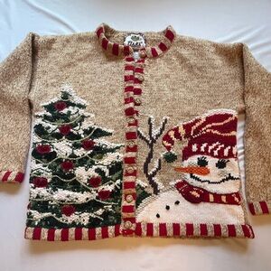 Tiara Beige Cardigan with Red Trim and Green Tree Snowman Motif
